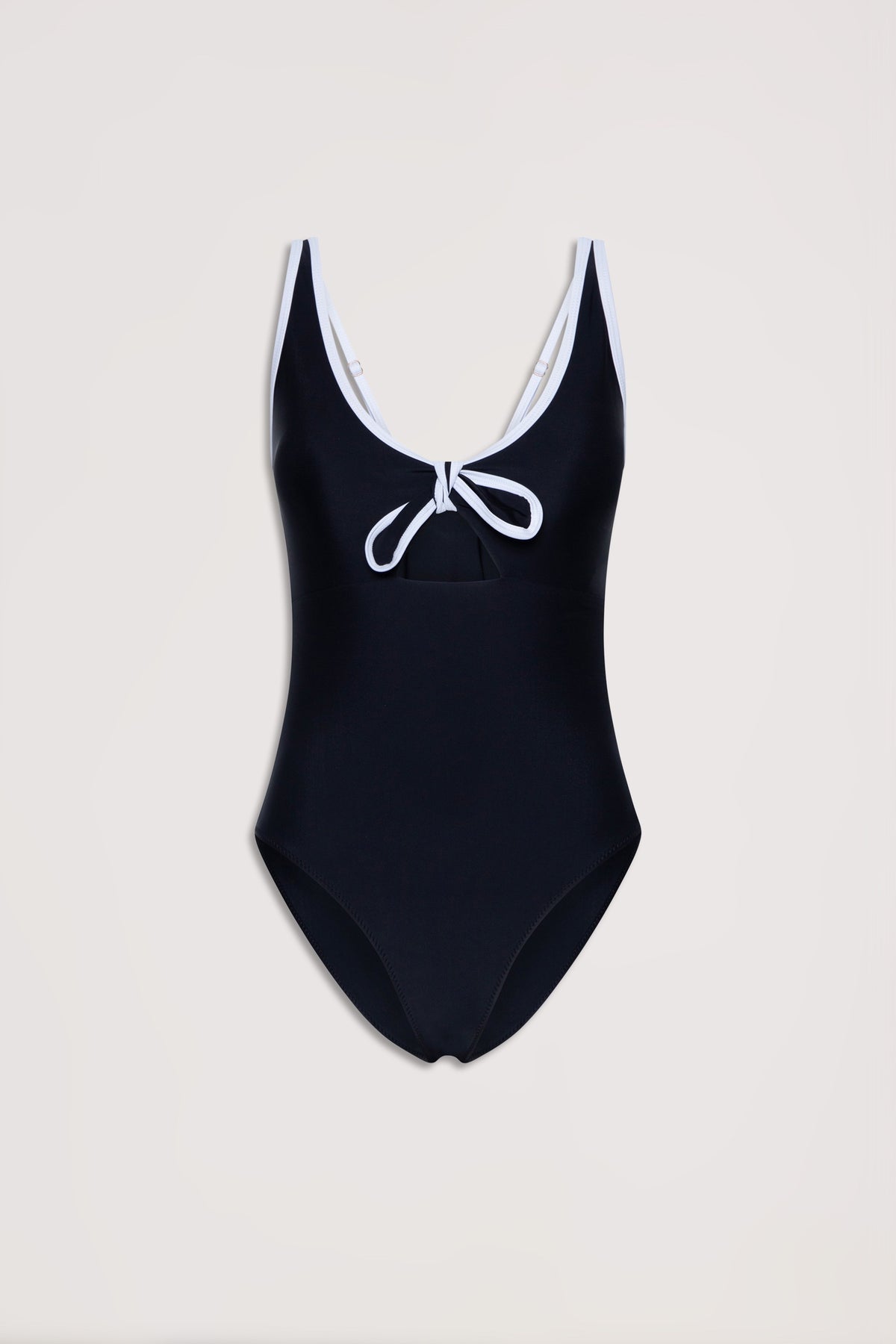 Black one-piece swimsuit with white trim and front tie detail, designed for a sleek and effortless look.