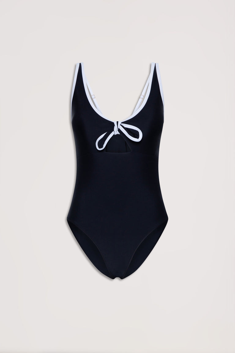 Black one-piece swimsuit with white trim and front tie detail, designed for a sleek and effortless look.