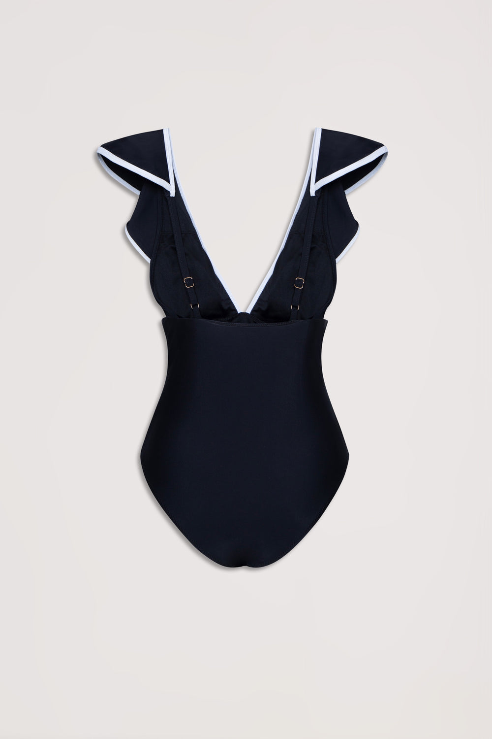 Black one-piece swimsuit with contrast white trim and ruffled shoulder straps, featuring adjustable back clips.