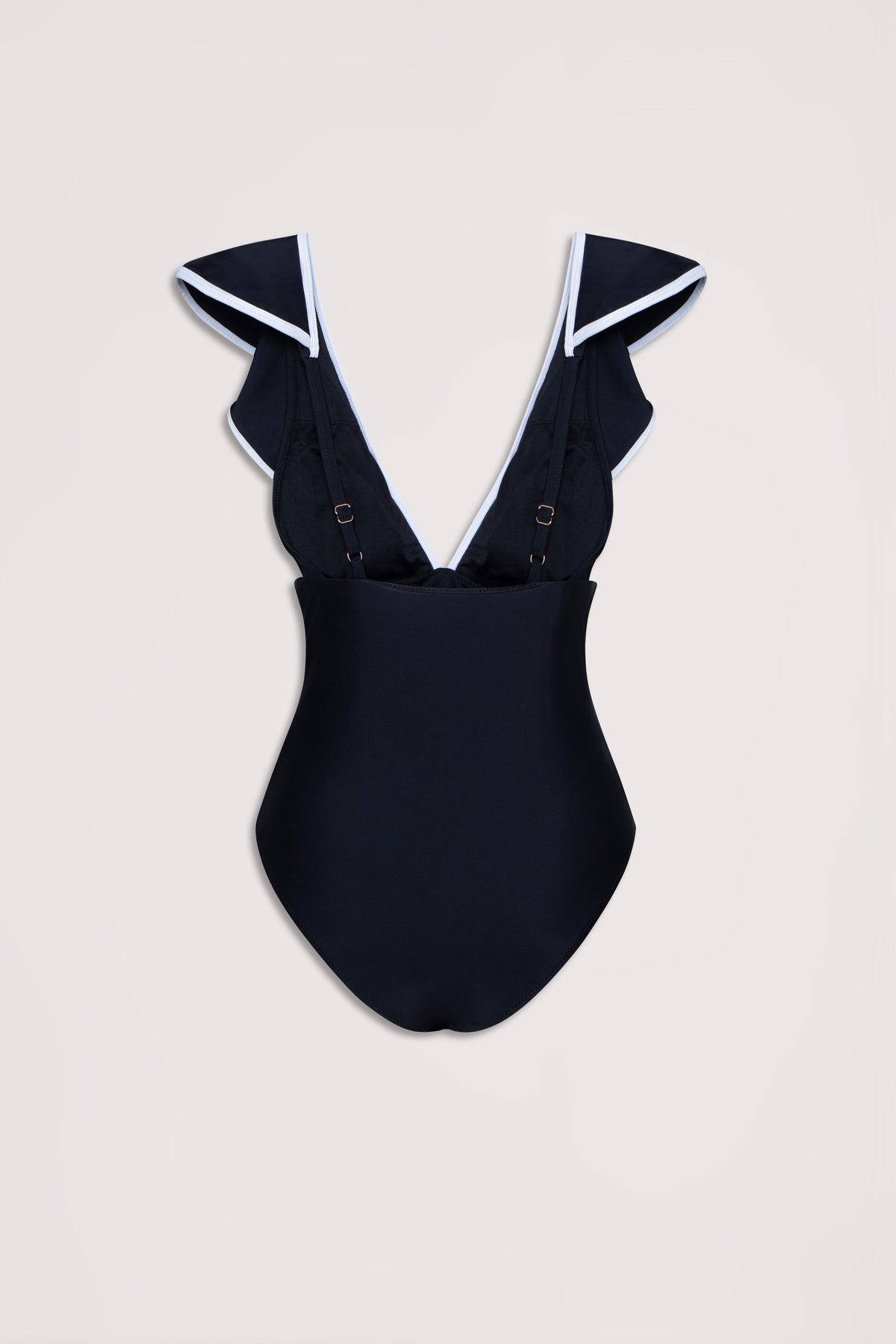 Black one-piece swimsuit with contrast white trim and ruffled shoulder straps, featuring adjustable back clips.