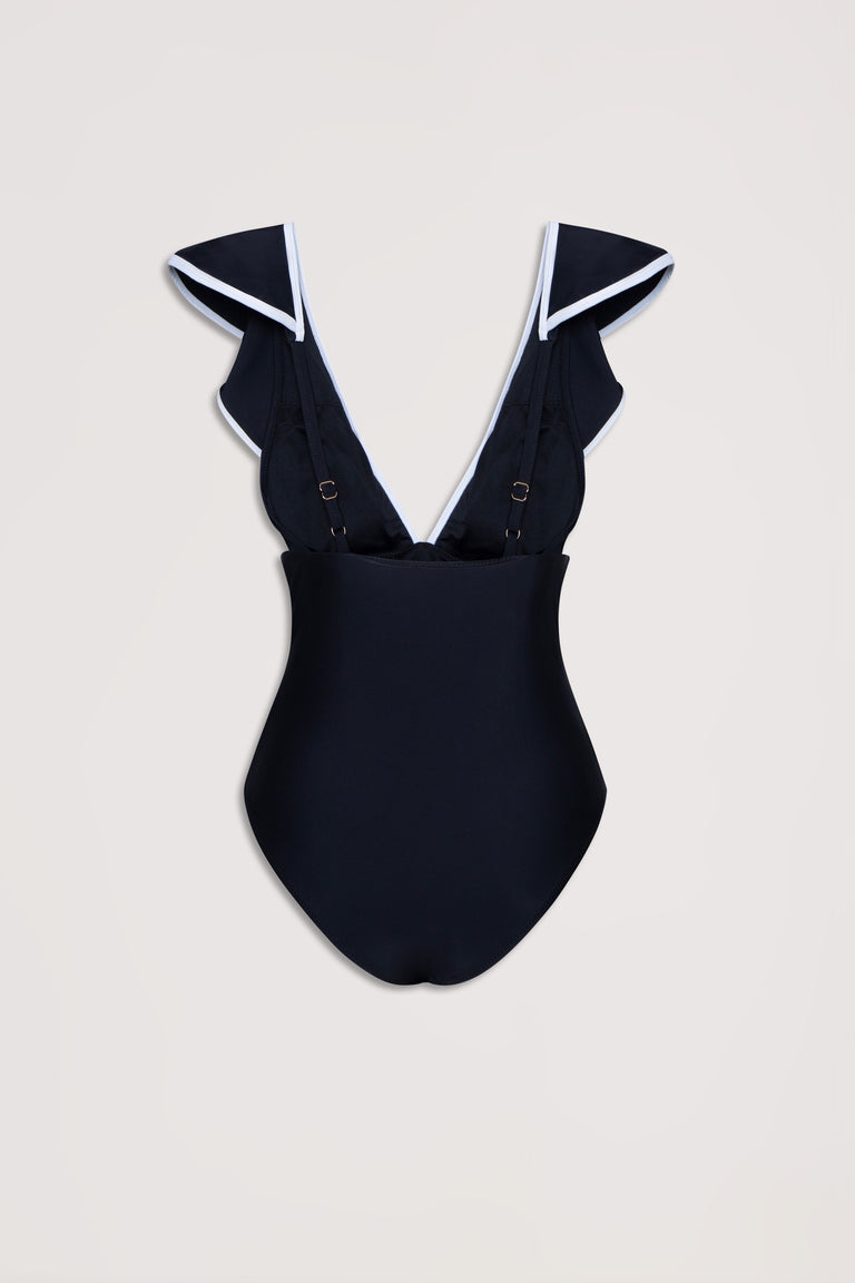 Black one-piece swimsuit with contrast white trim and ruffled shoulder straps, featuring adjustable back clips.