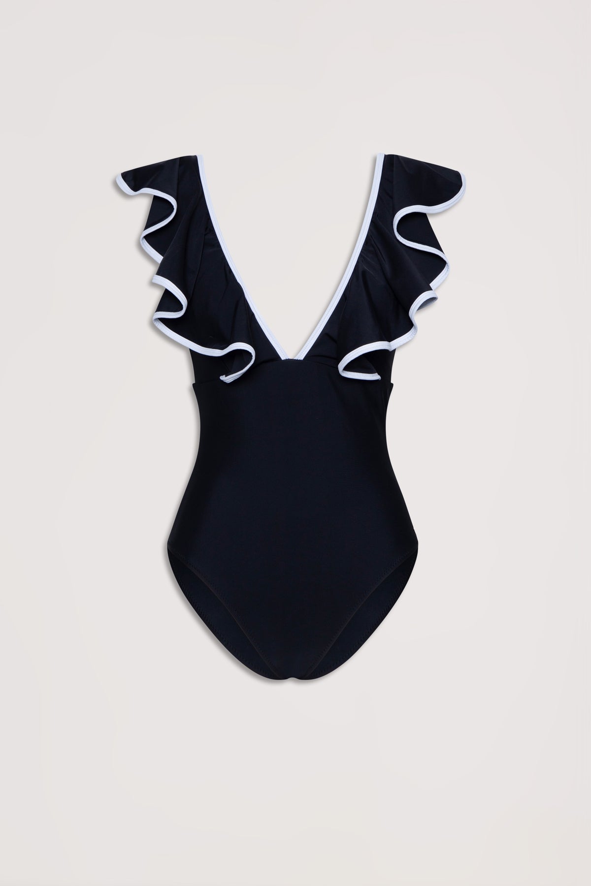 Black one-piece swimsuit with deep V-neckline and delicate white-trimmed ruffle detailing on shoulders