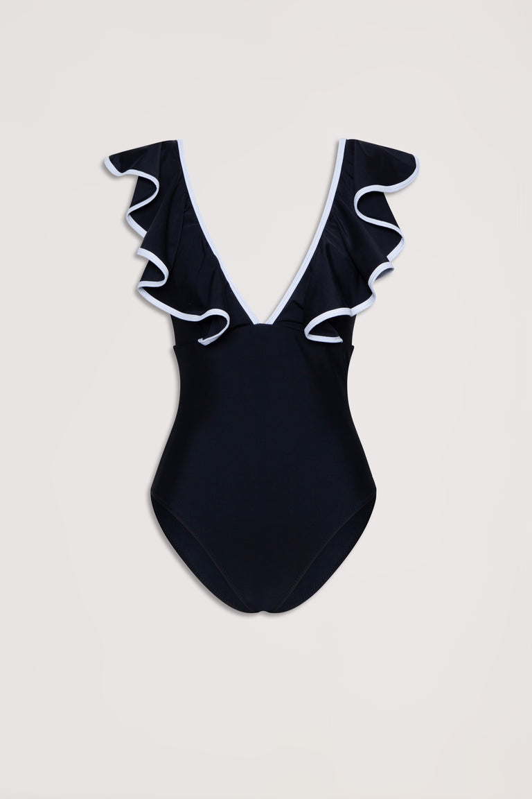 Black one-piece swimsuit with deep V-neckline and delicate white-trimmed ruffle detailing on shoulders