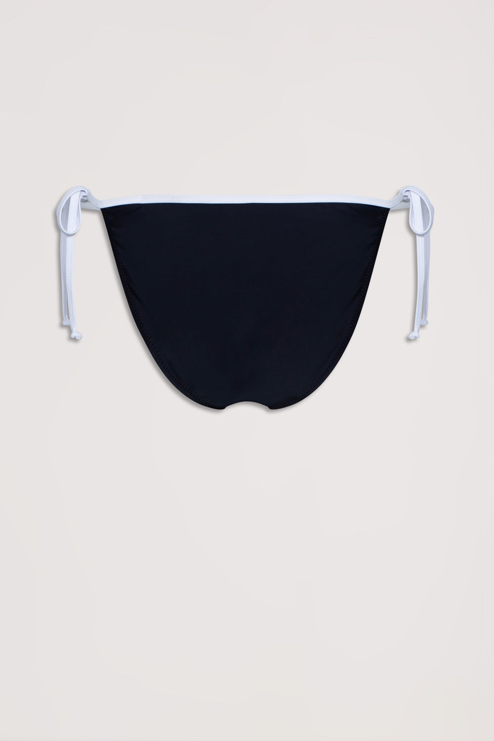 Black bikini bottom with white adjustable side ties, styled for a sleek and comfortable fit.