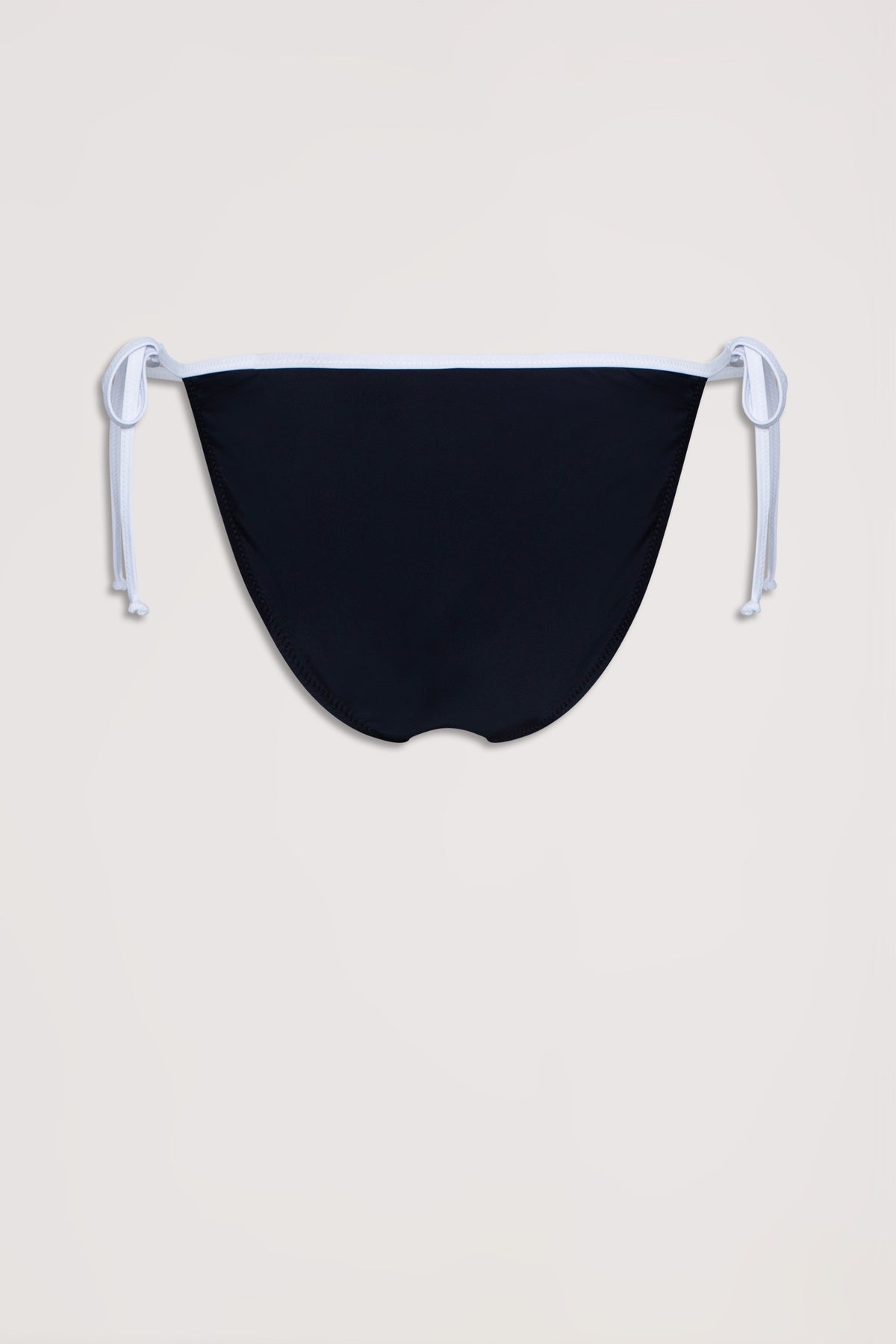 Black bikini bottom with white adjustable side ties, styled for a sleek and comfortable fit.