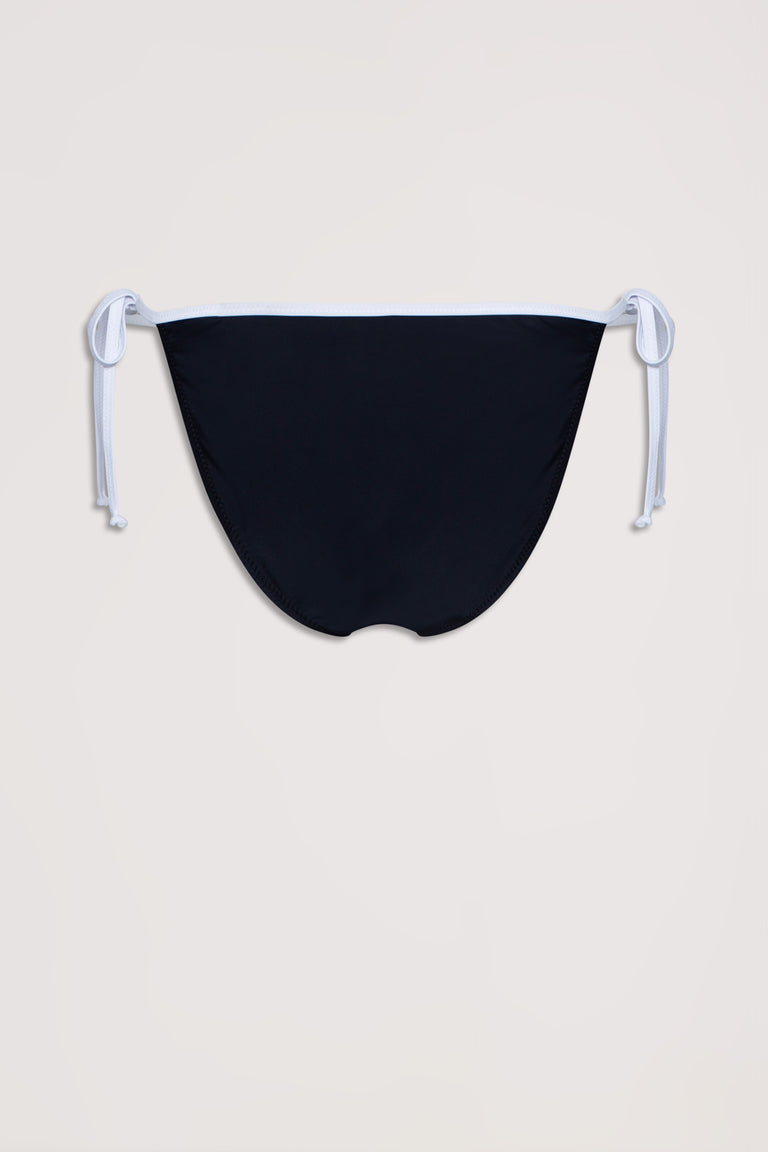 Black bikini bottom with white adjustable side ties, styled for a sleek and comfortable fit.