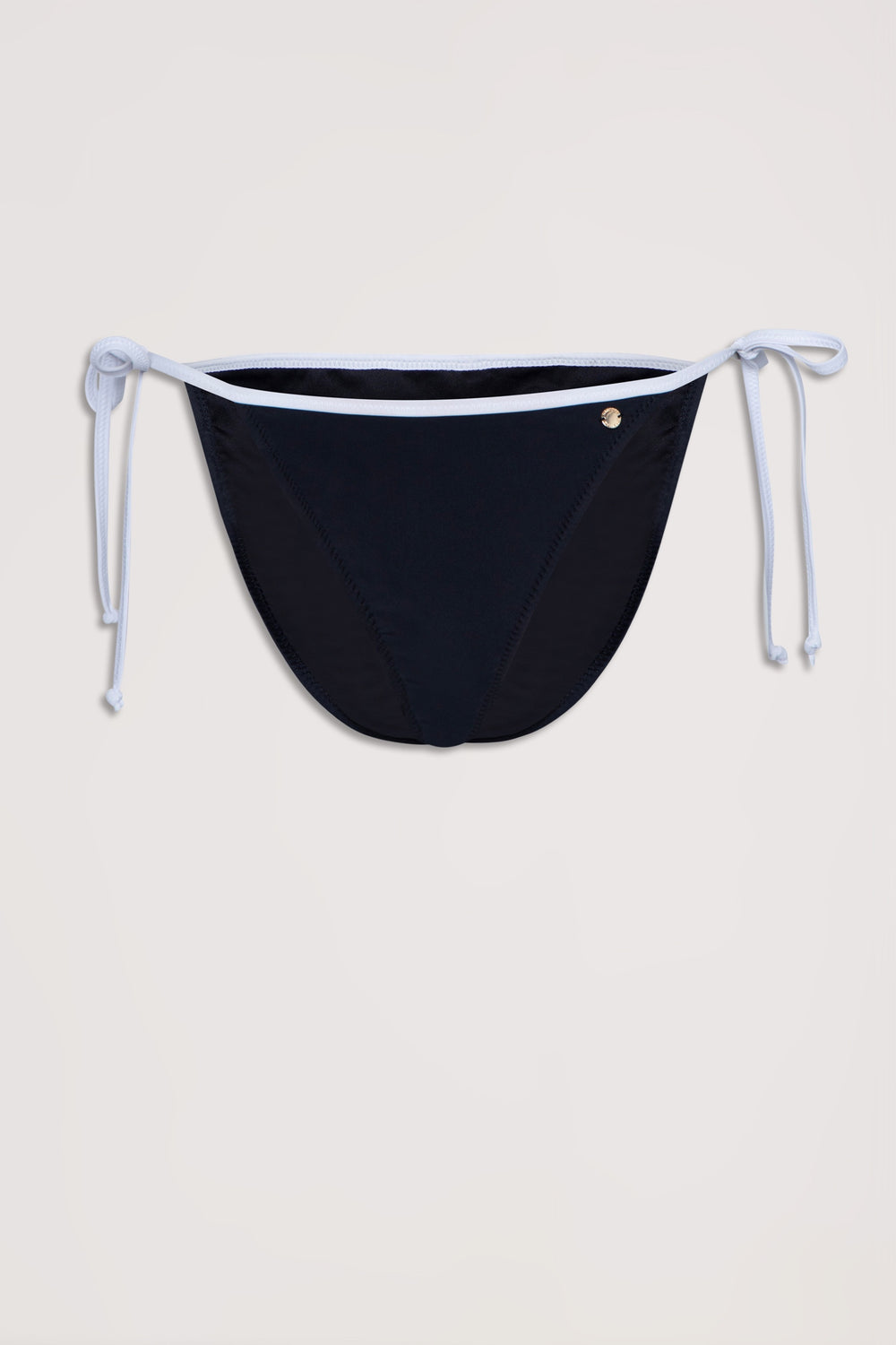 Black bikini bottom with white contrast trim and adjustable side ties, laid flat on neutral background.