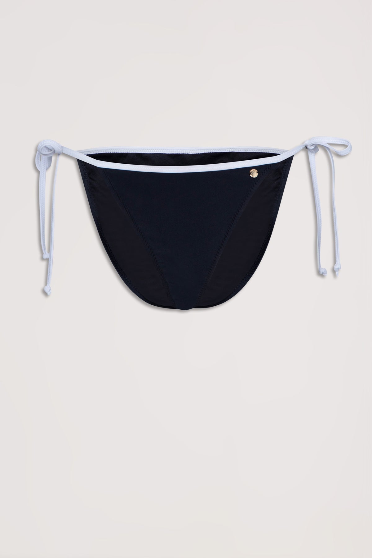 Black bikini bottom with white contrast trim and adjustable side ties, laid flat on neutral background.