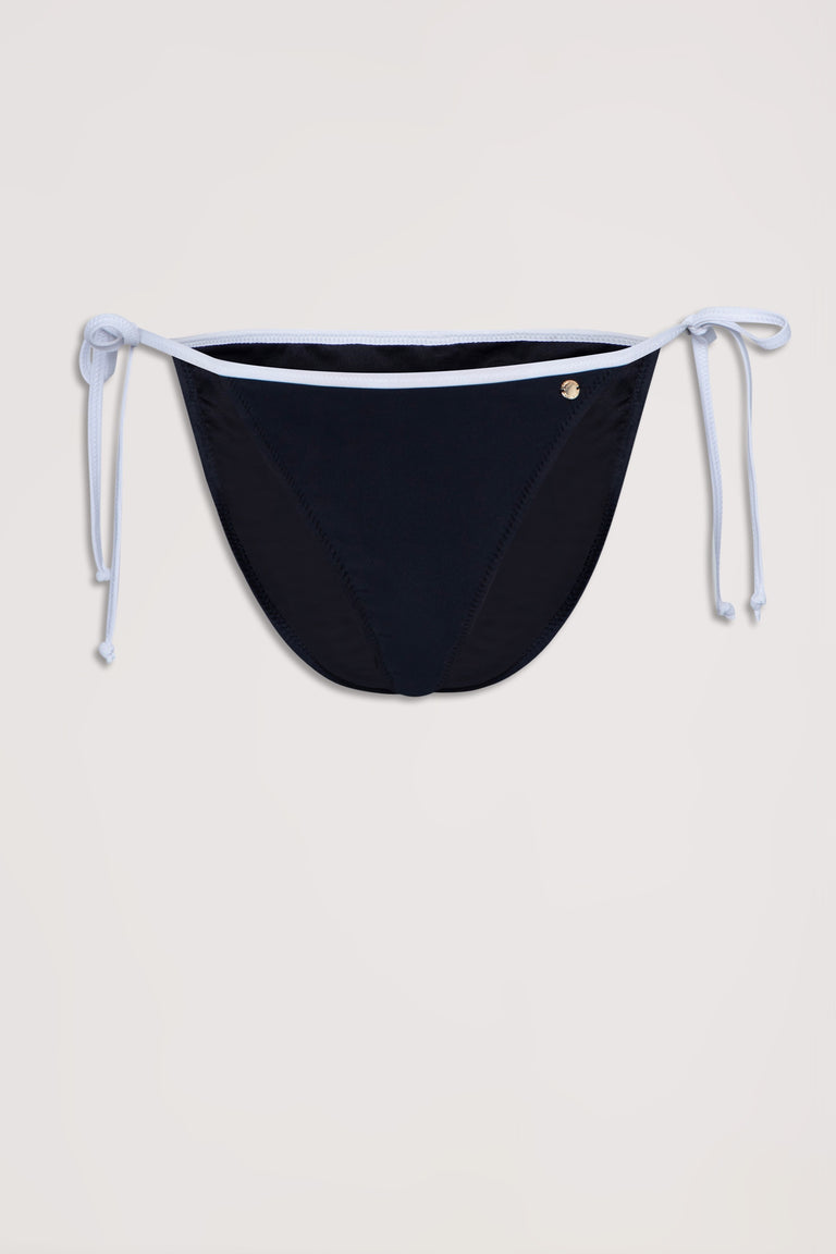Black bikini bottom with white contrast trim and adjustable side ties, laid flat on neutral background.