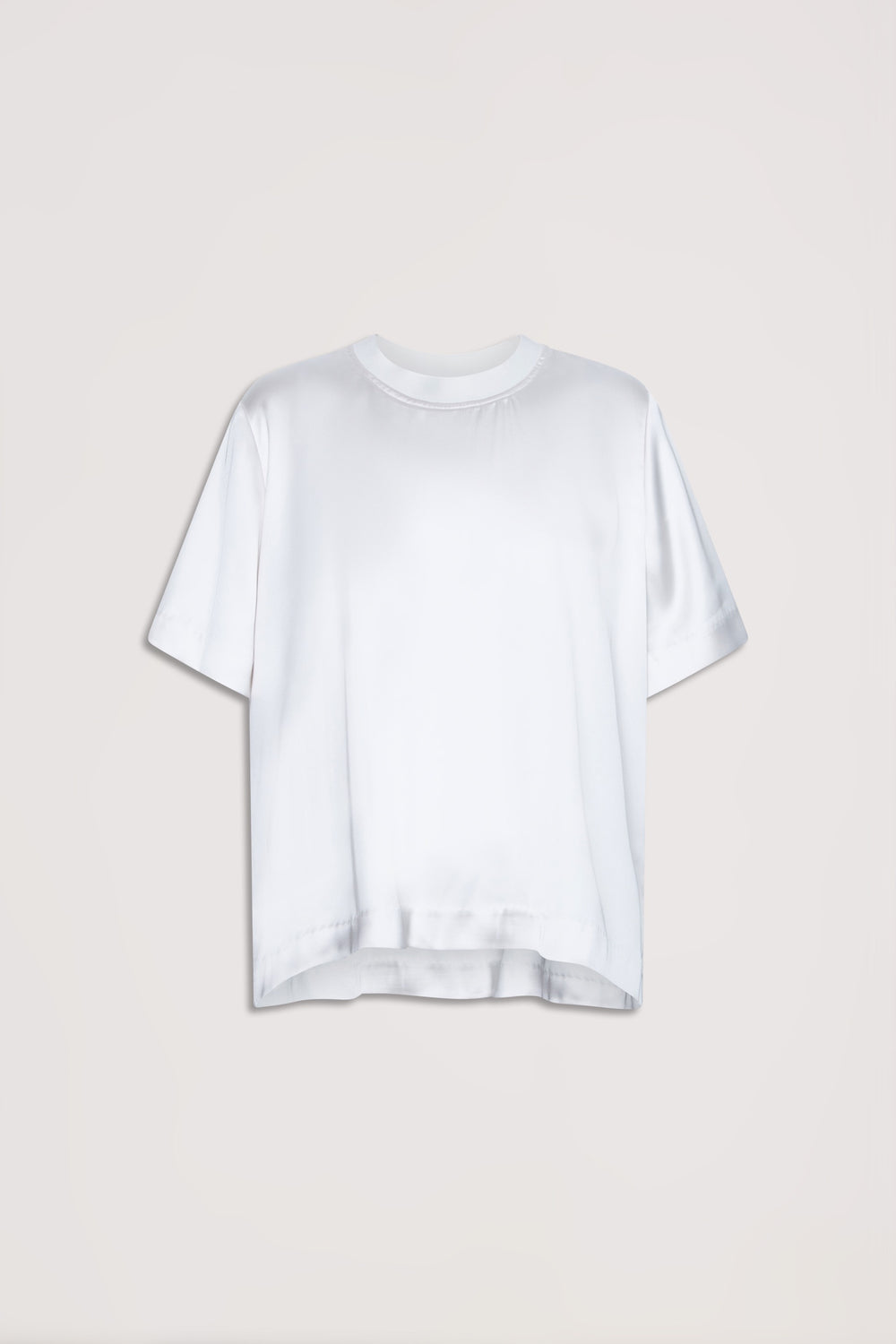 White satin short-sleeve tee with a relaxed fit and subtle sheen for an effortless, polished everyday look