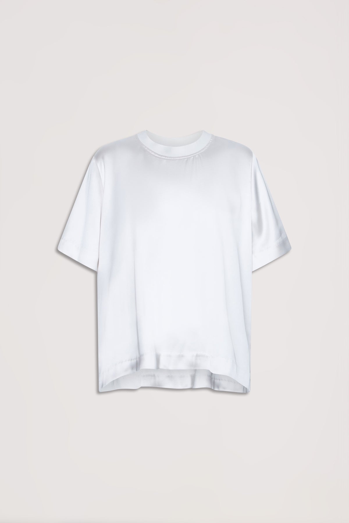 White satin short-sleeve tee with a relaxed fit and subtle sheen for an effortless, polished everyday look