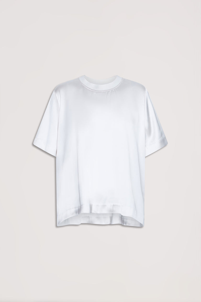 White satin short-sleeve tee with a relaxed fit and subtle sheen for an effortless, polished everyday look