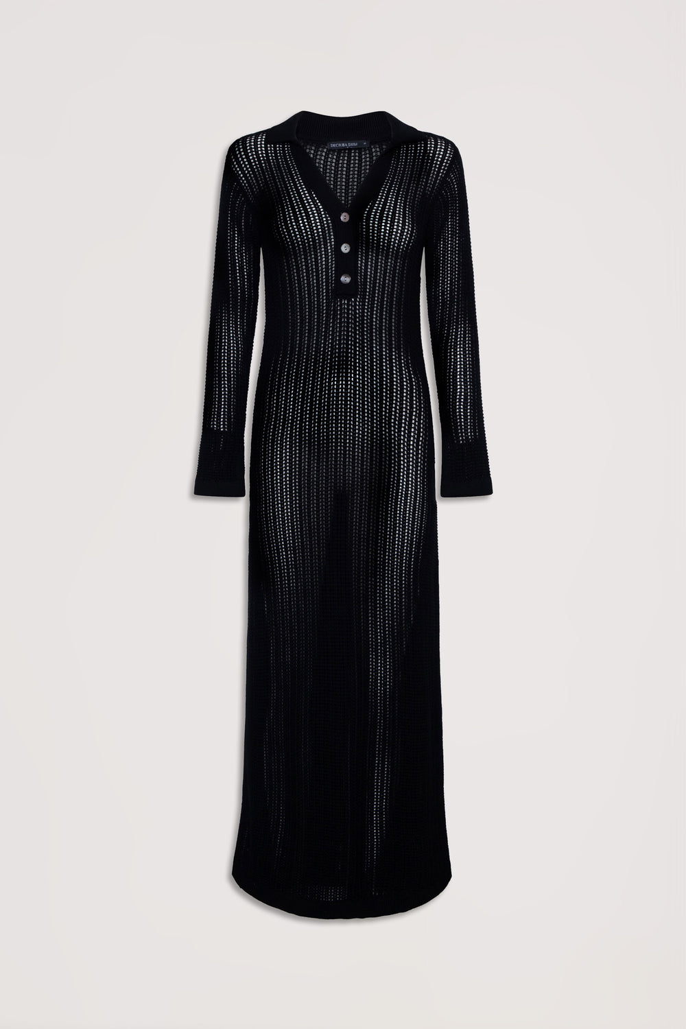 Long black crochet dress with long sleeves, a collar, and button detail down the front for a chic look.