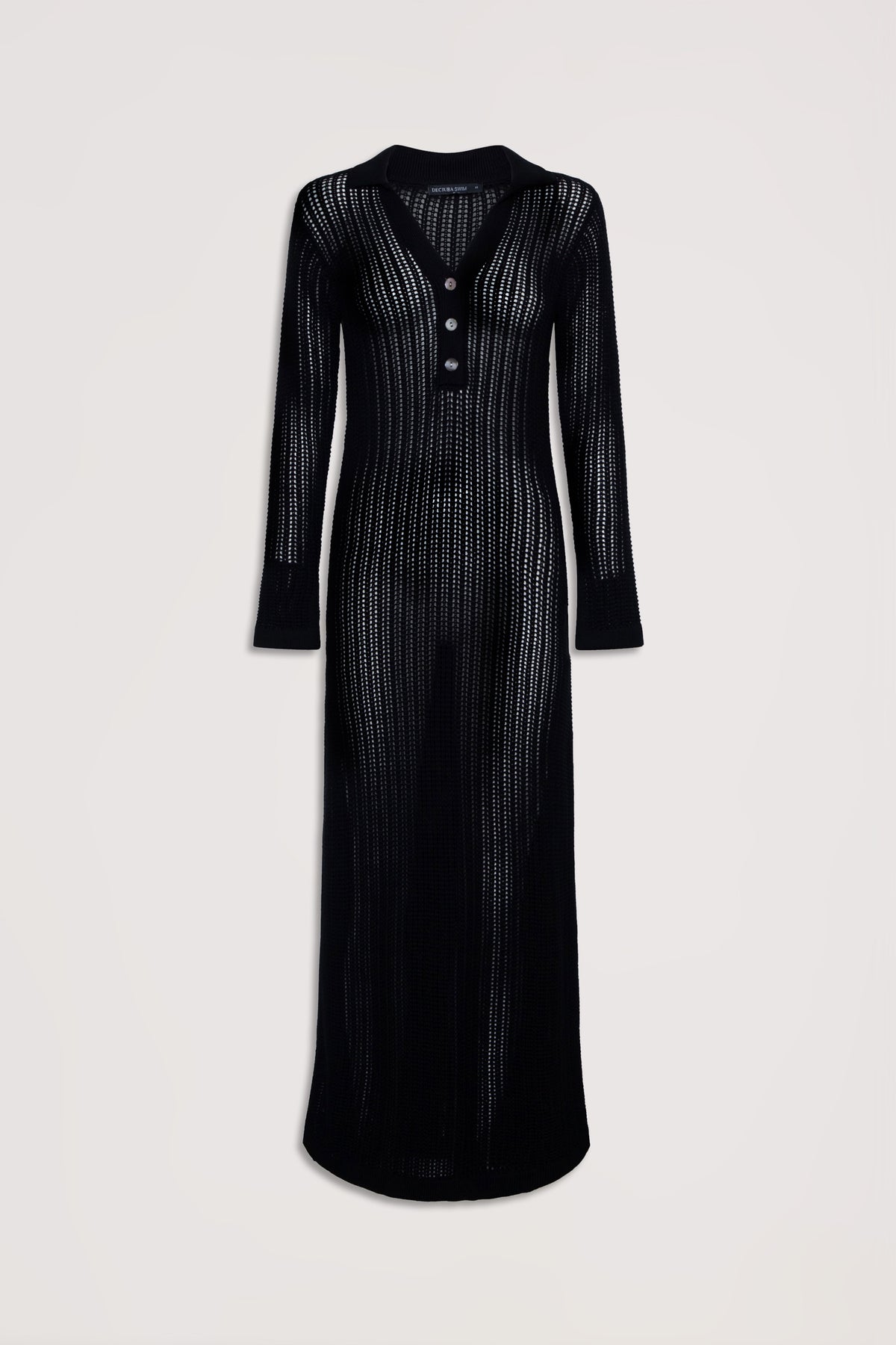 Long black crochet dress with long sleeves, a collar, and button detail down the front for a chic look.