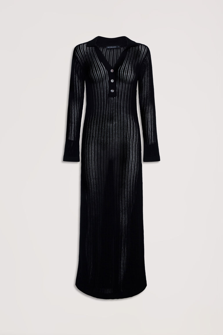 Long black crochet dress with long sleeves, a collar, and button detail down the front for a chic look.