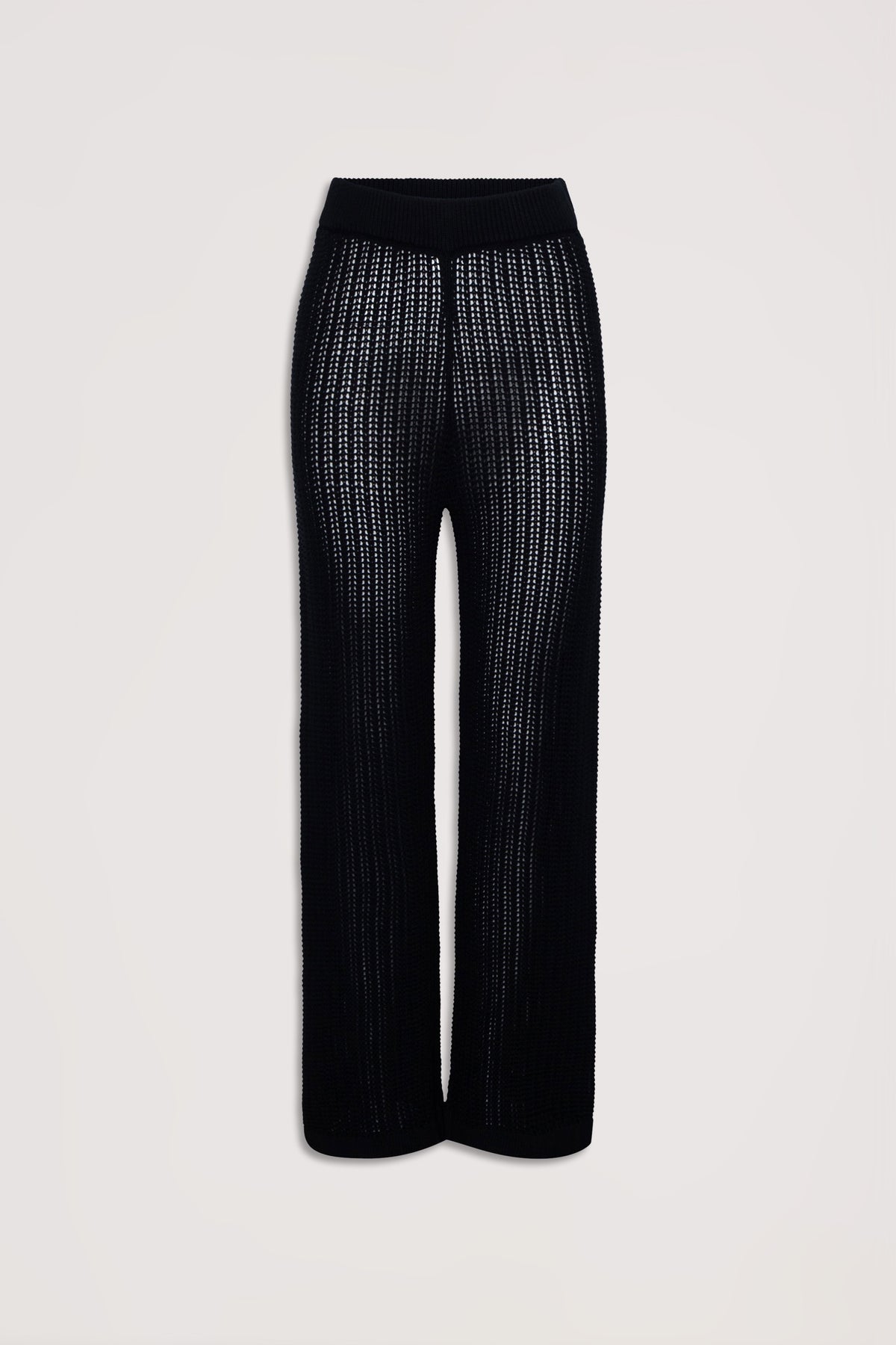 Black crochet pants with wide legs and a breathable, textured knit perfect for effortless casual style.