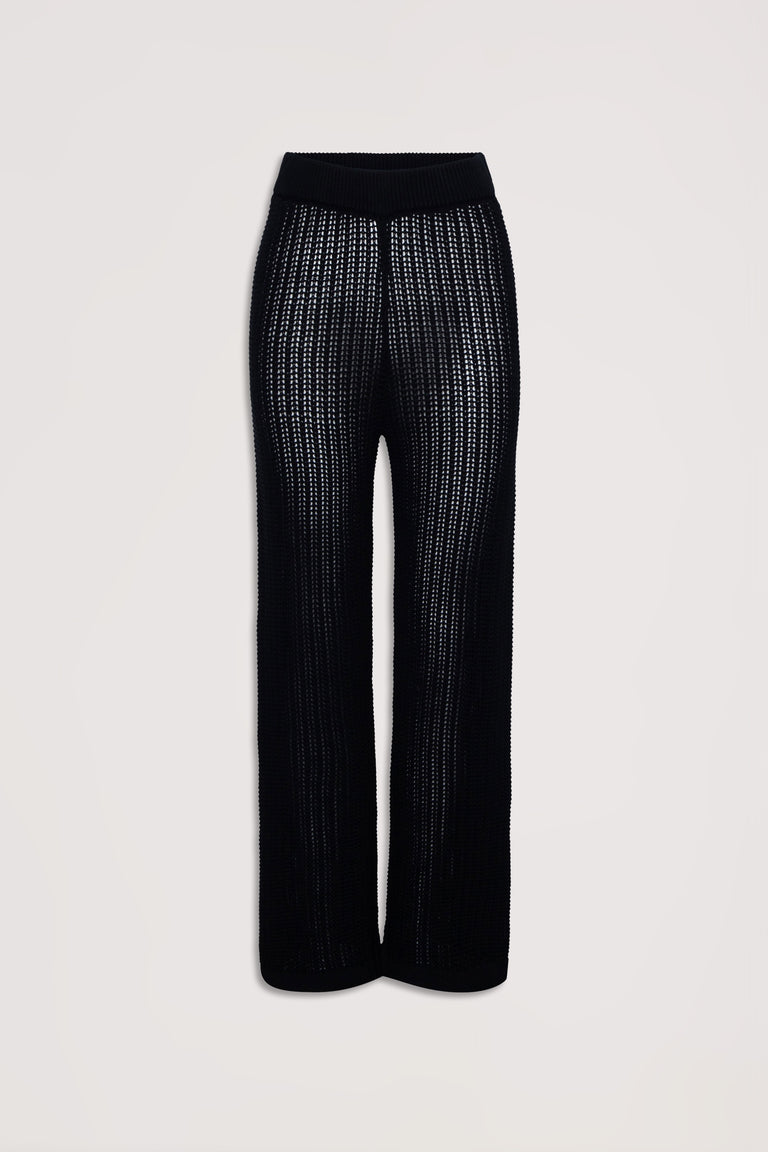 Black crochet pants with wide legs and a breathable, textured knit perfect for effortless casual style.
