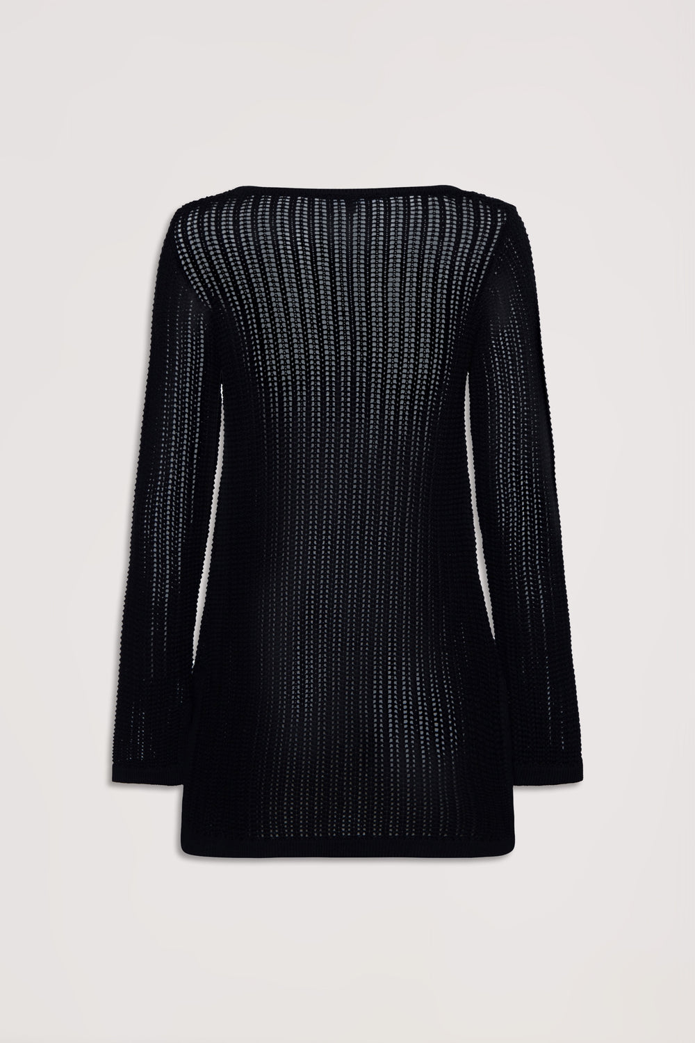 Black crochet knit tunic with long sleeves and a relaxed fit, shown from the back on a neutral background