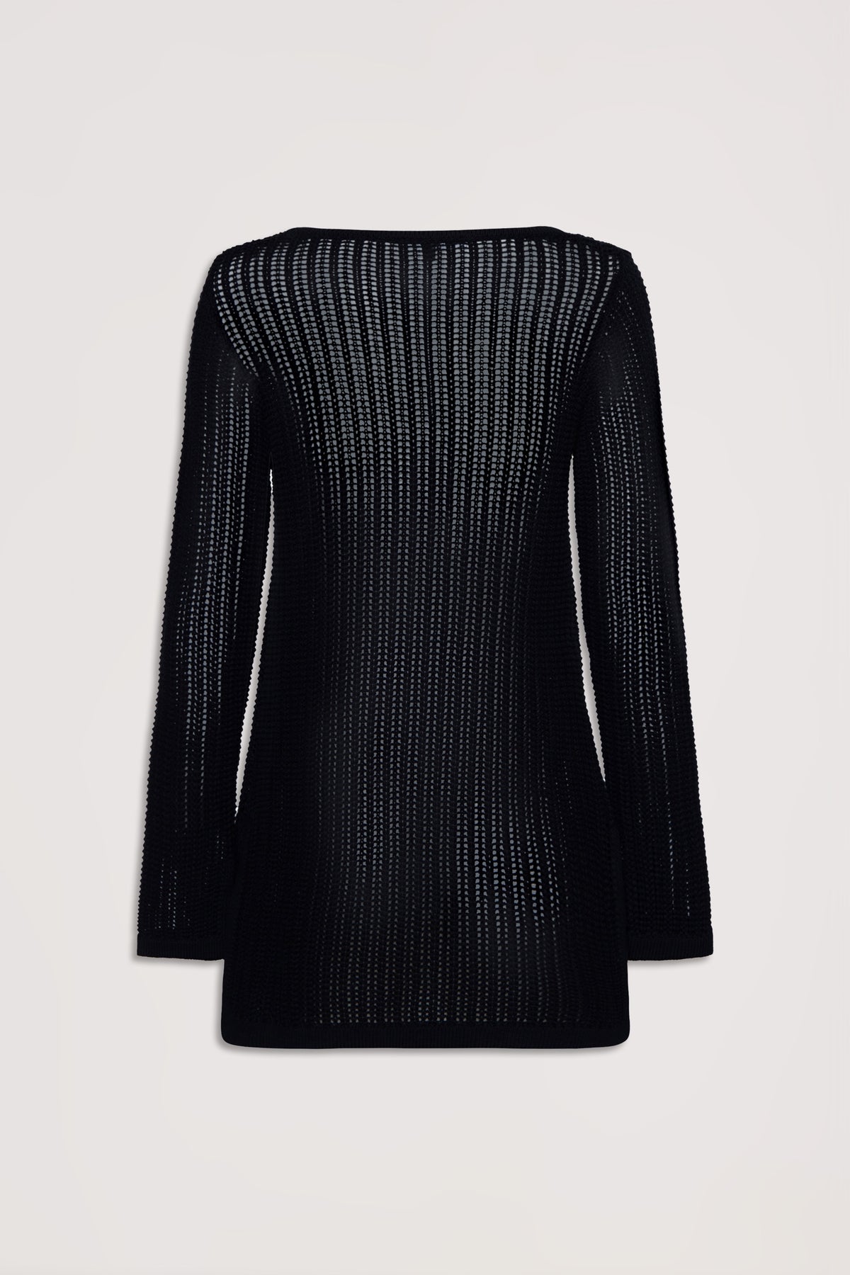 Black crochet knit tunic with long sleeves and a relaxed fit, shown from the back on a neutral background