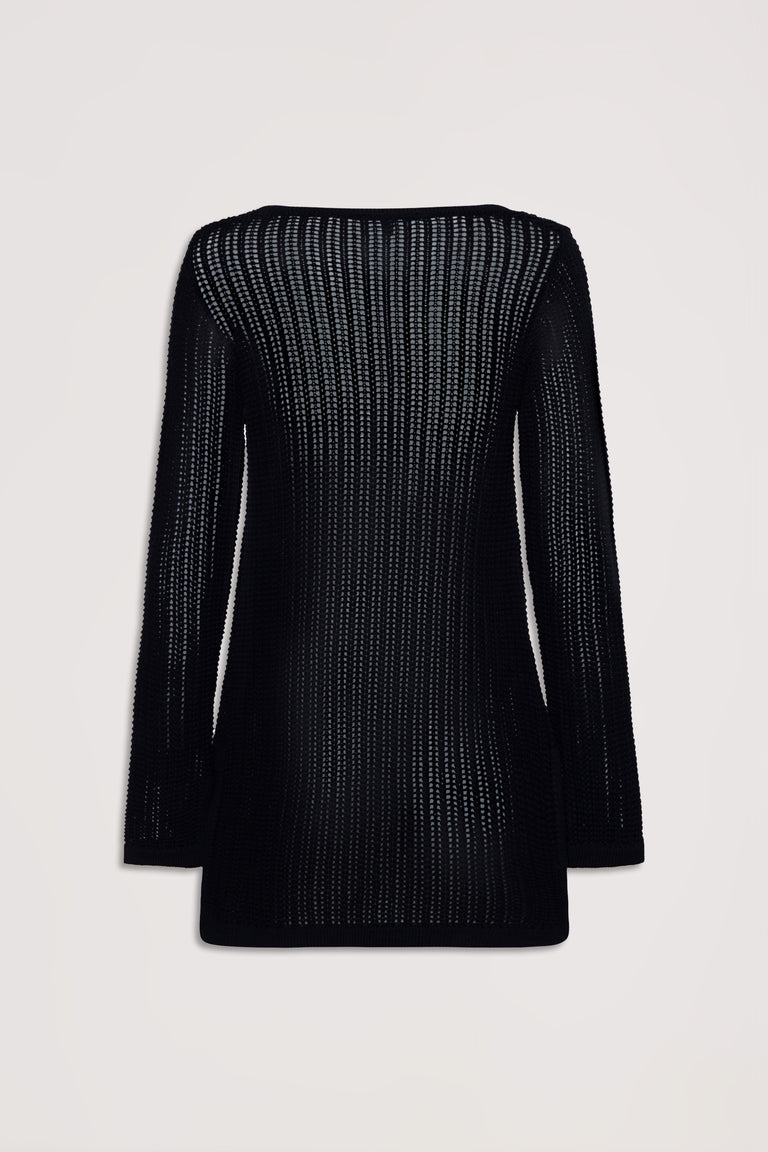 Black crochet knit tunic with long sleeves and a relaxed fit, shown from the back on a neutral background