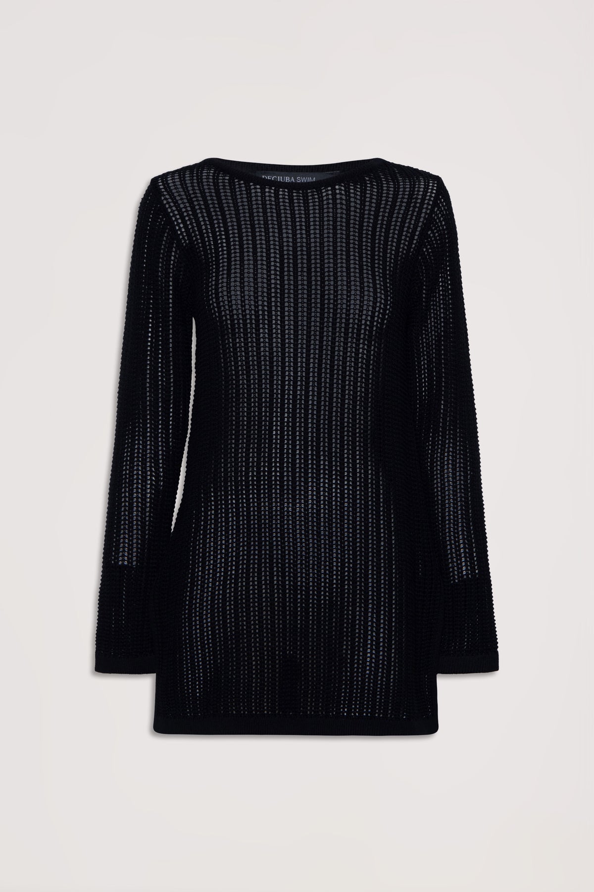 Black crochet long-sleeve tunic with open knit design, offering a lightweight, breathable layering piece.