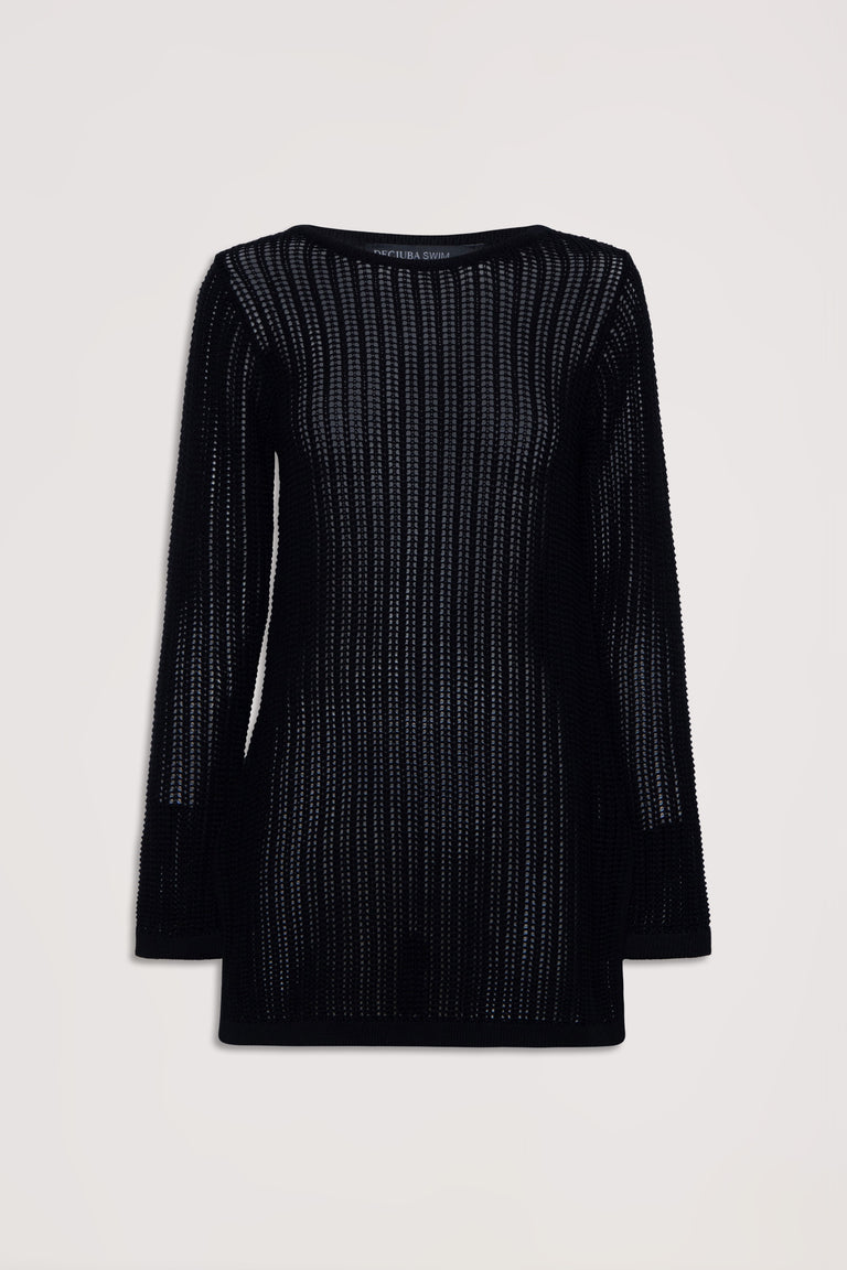 Black crochet long-sleeve tunic with open knit design, offering a lightweight, breathable layering piece.