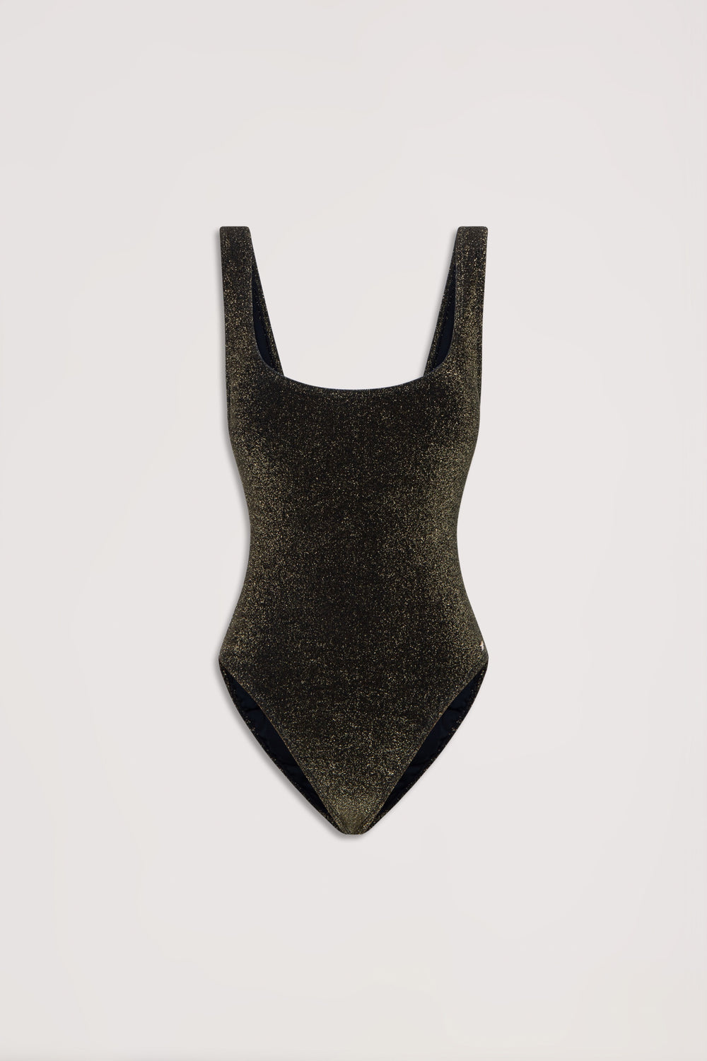 Black shimmer one-piece swimsuit with scoop neckline and thick shoulder straps, laid flat on a light background