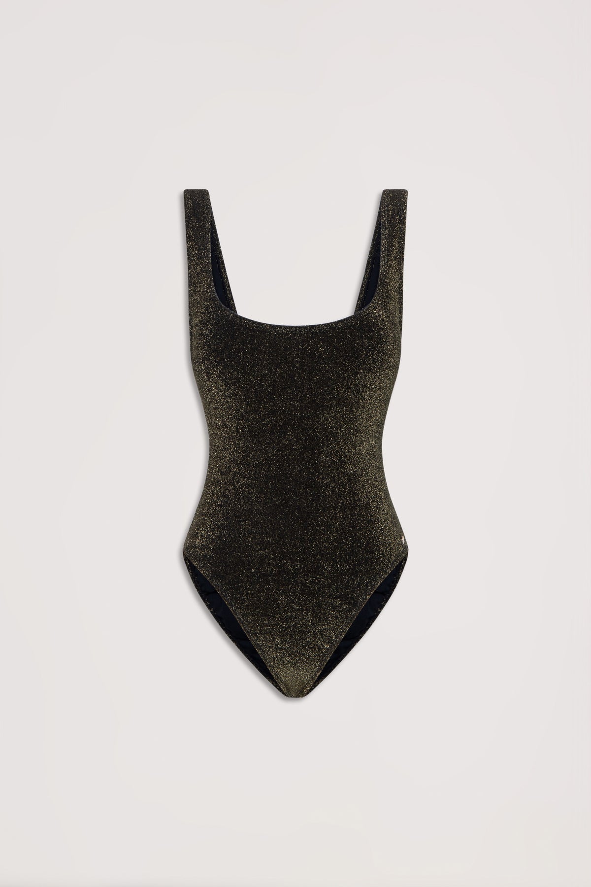 Black shimmer one-piece swimsuit with scoop neckline and thick shoulder straps, laid flat on a light background
