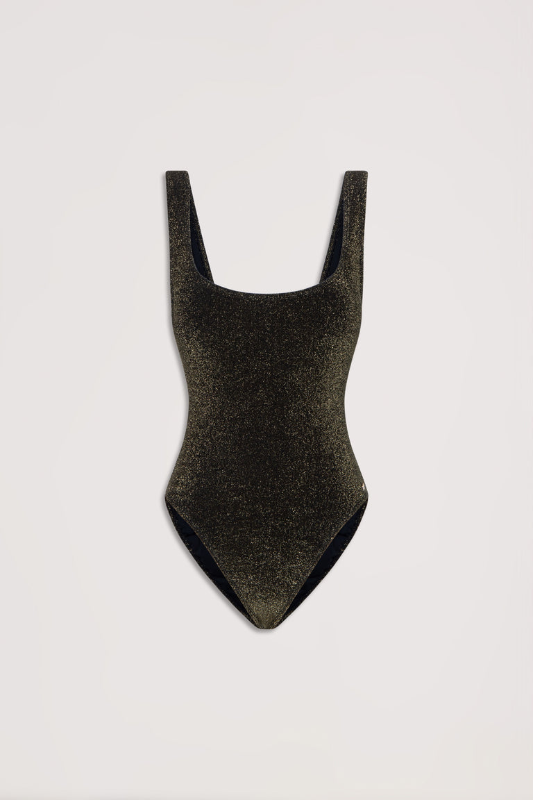 Black shimmer one-piece swimsuit with scoop neckline and thick shoulder straps, laid flat on a light background