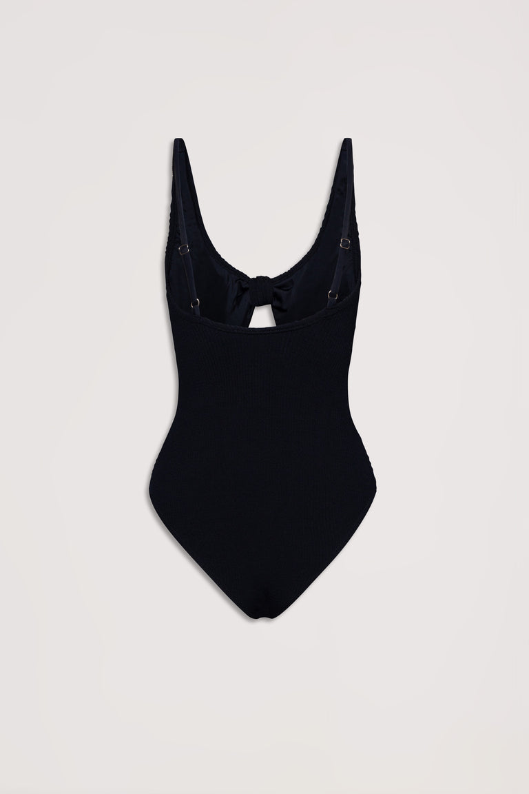 Black crinkle one-piece swimsuit with adjustable straps and a tie detail at the back for a flattering fit