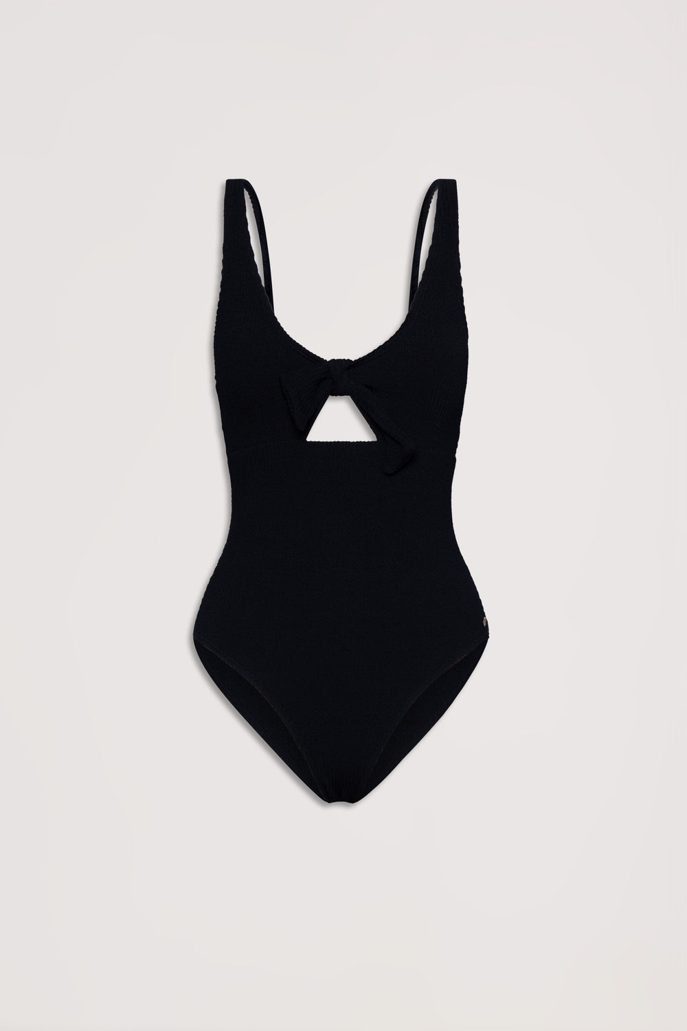 Black crinkle textured one-piece swimsuit featuring a front tie detail and a small cutout under the bust.