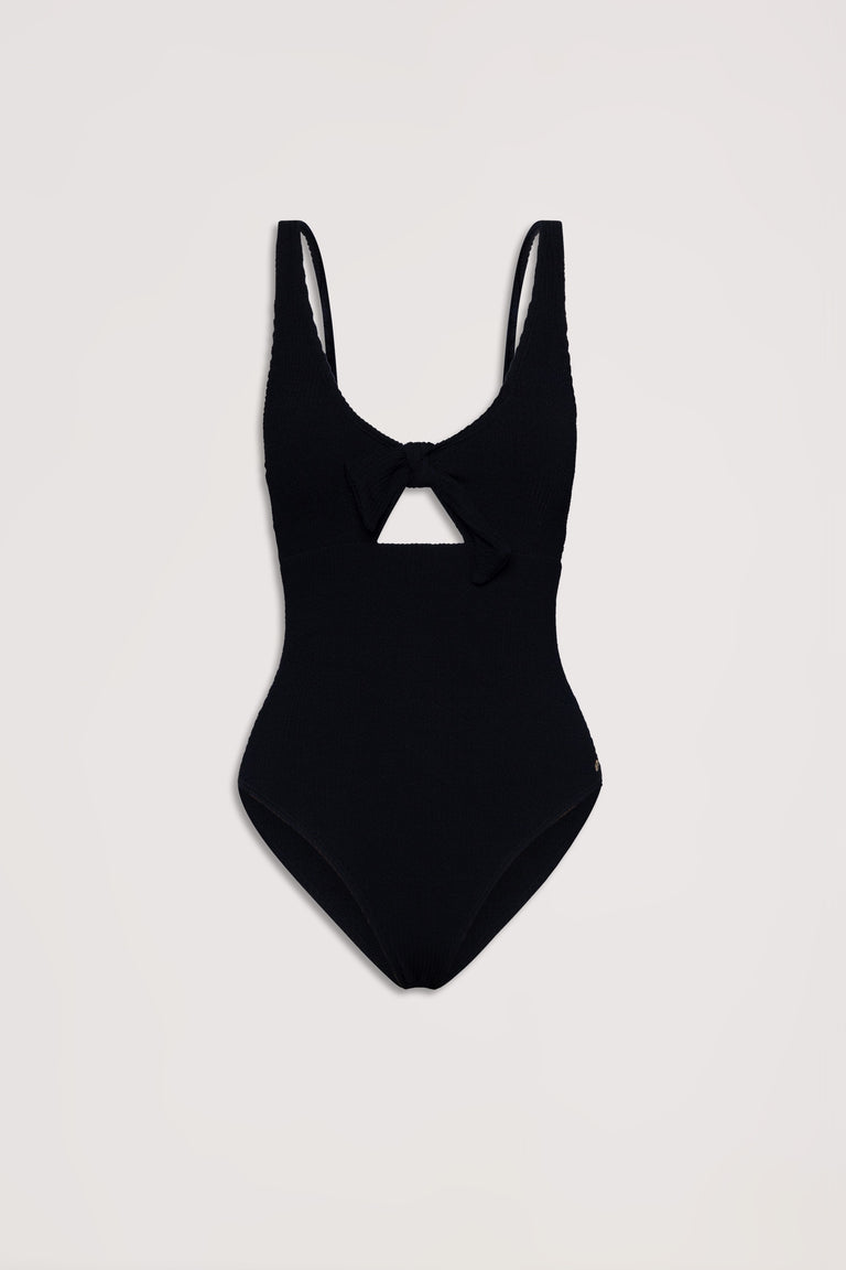 Black crinkle textured one-piece swimsuit featuring a front tie detail and a small cutout under the bust.