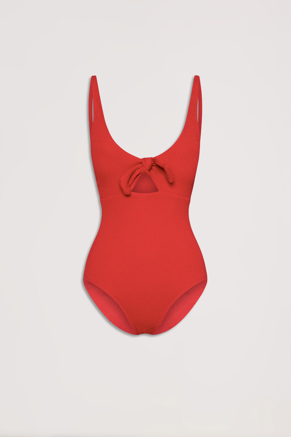Red crinkle textured one-piece with a front tie detail and low scoop neckline, displayed on plain background
