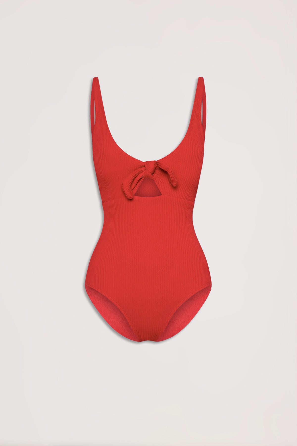 Red crinkle textured one-piece with a front tie detail and low scoop neckline, displayed on plain background