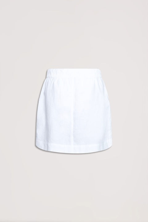 White D-Luxe Linen Mini Skirt with elasticated waistband and functional pockets, gallery position 5, portrait orientation.