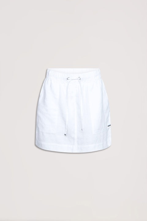 D-Luxe Linen Mini Skirt in white, high waist with elasticated waistband and drawstring, gallery position 4 portrait view