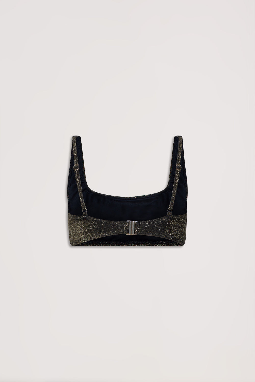 Back view of shimmering black bikini top with square neckline and adjustable straps against neutral background