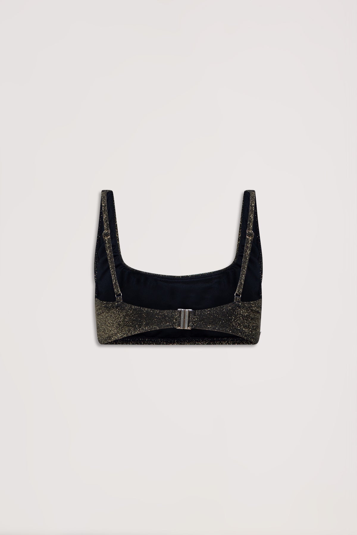 Back view of shimmering black bikini top with square neckline and adjustable straps against neutral background