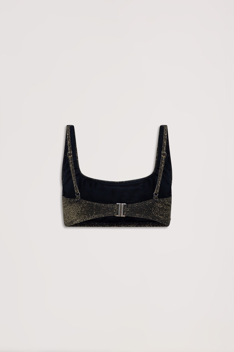 Back view of shimmering black bikini top with square neckline and adjustable straps against neutral background