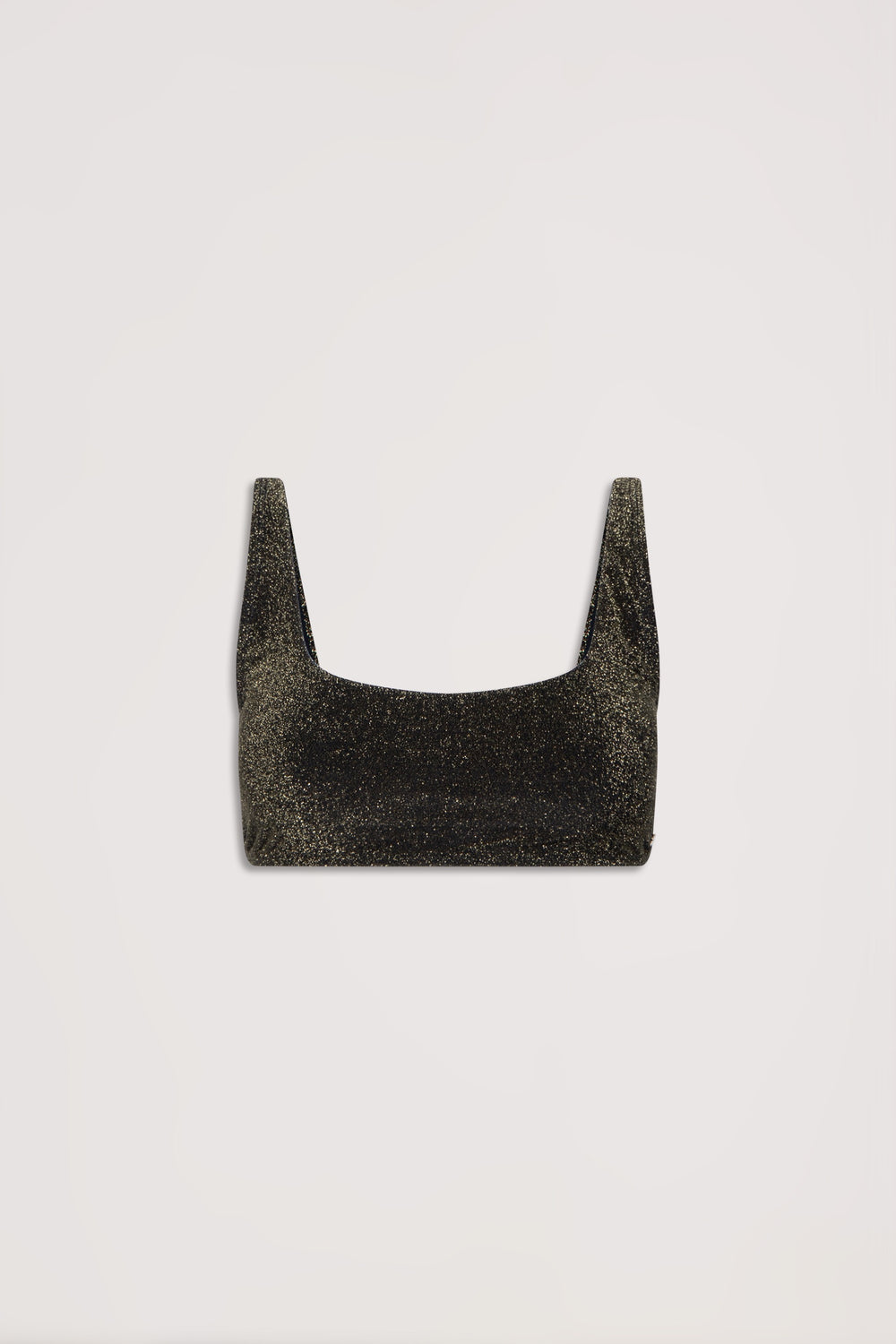 Black shimmer square neck bikini top with wide straps and a sleek, minimal silhouette, laid flat on white background.
