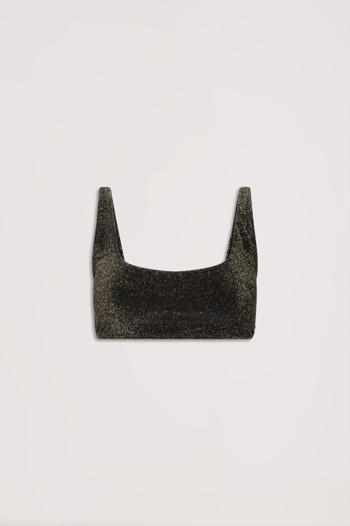 Black shimmer square neck bikini top with wide straps and a sleek, minimal silhouette, laid flat on white background.