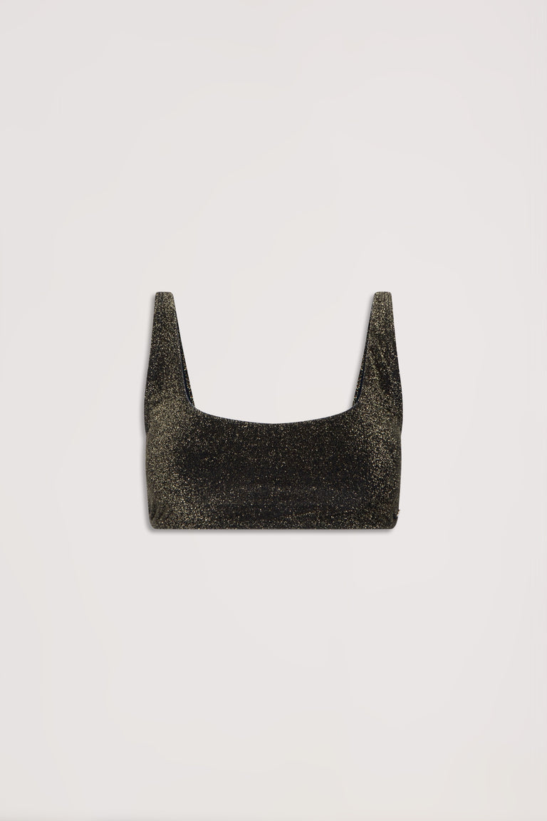 Black shimmer square neck bikini top with wide straps and a sleek, minimal silhouette, laid flat on white background.