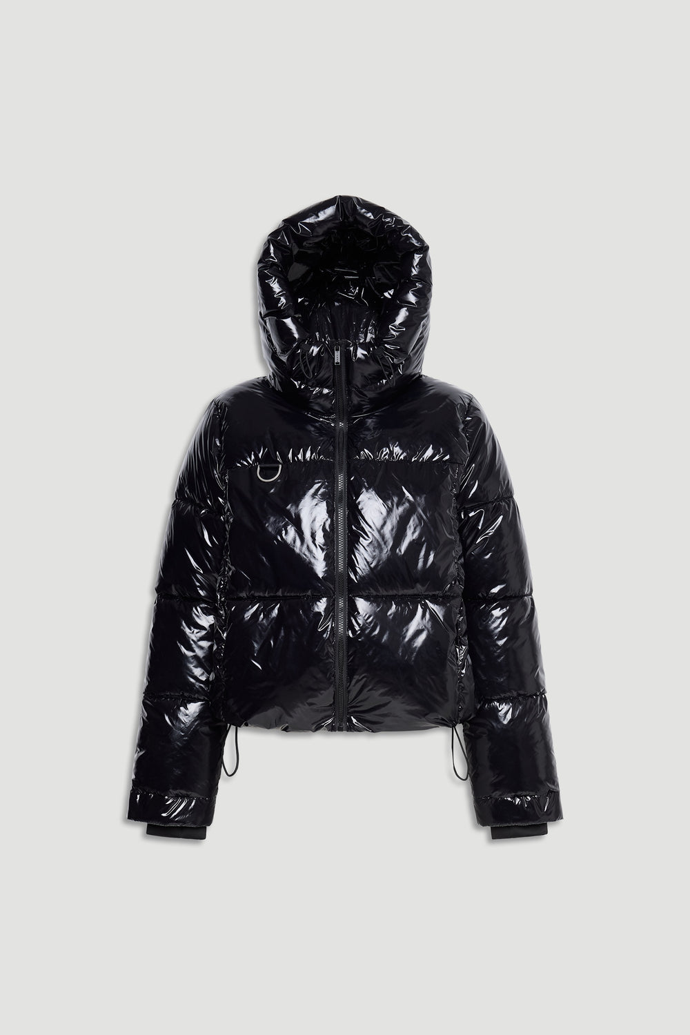 Shiny black puffer jacket with a hood, full zip front, and drawstring hem for a sleek, warm look.