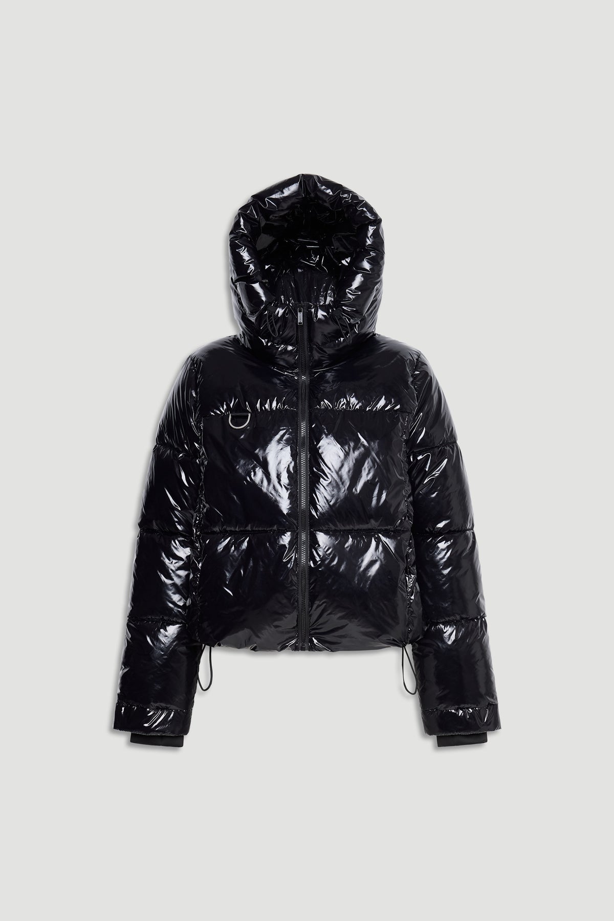 Shiny black puffer jacket with a hood, full zip front, and drawstring hem for a sleek, warm look.
