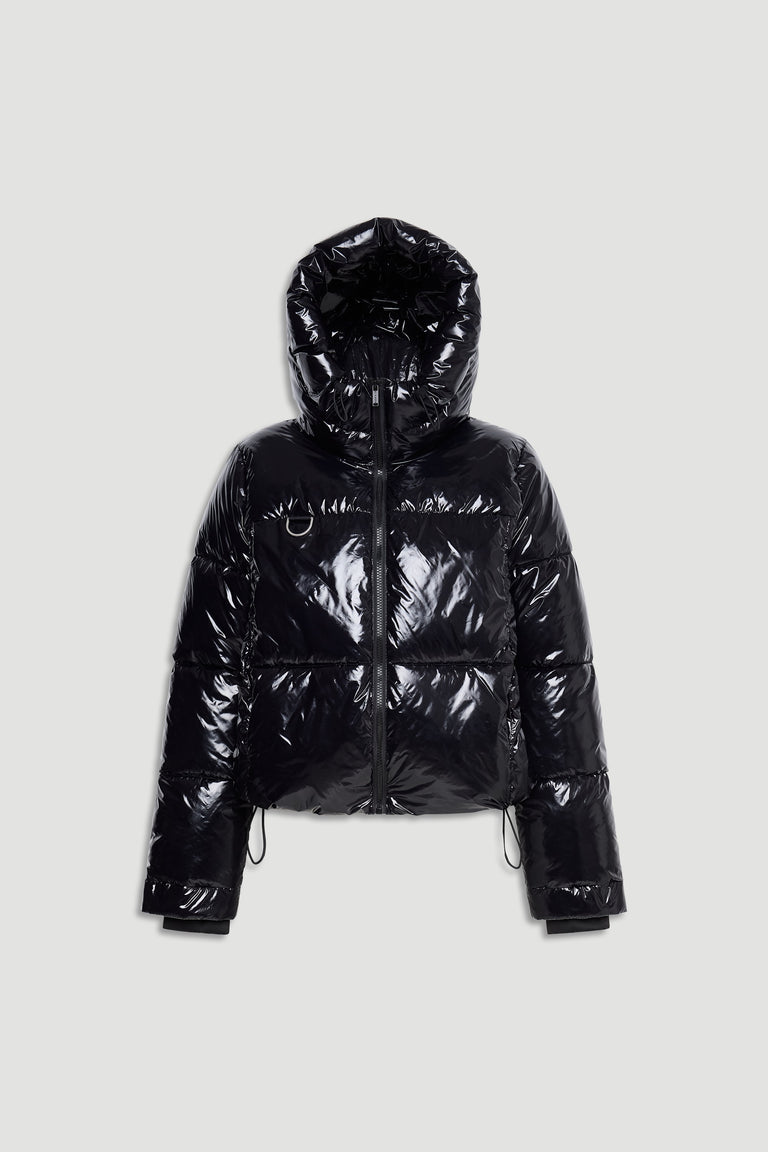 Shiny black puffer jacket with a hood, full zip front, and drawstring hem for a sleek, warm look.