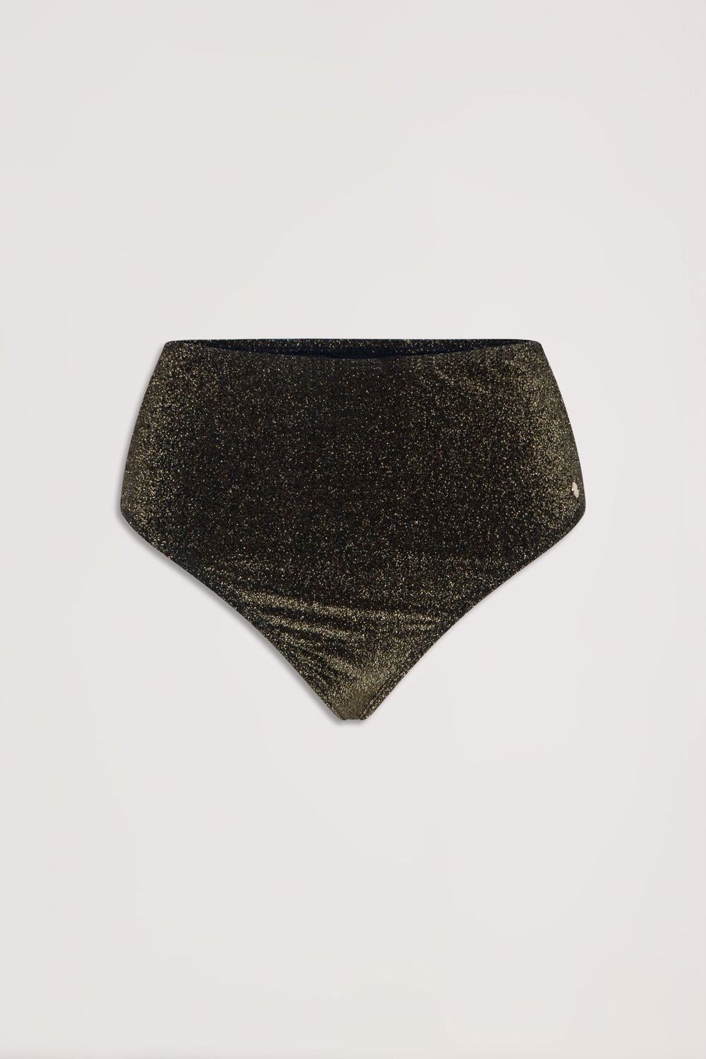 High-waisted bikini bottom with shimmering gathered fabric in a dark metallic tone, laid flat on plain background