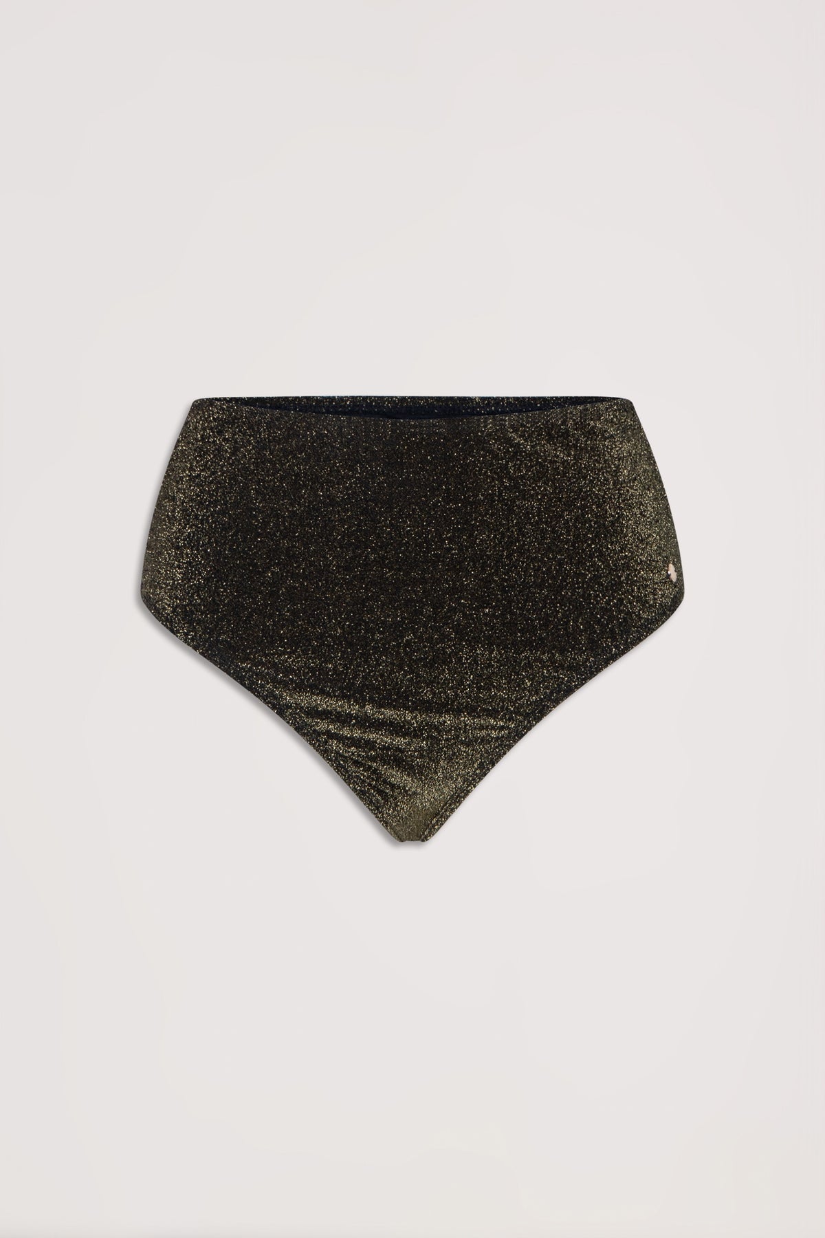 High-waisted bikini bottom with shimmering gathered fabric in a dark metallic tone, laid flat on plain background