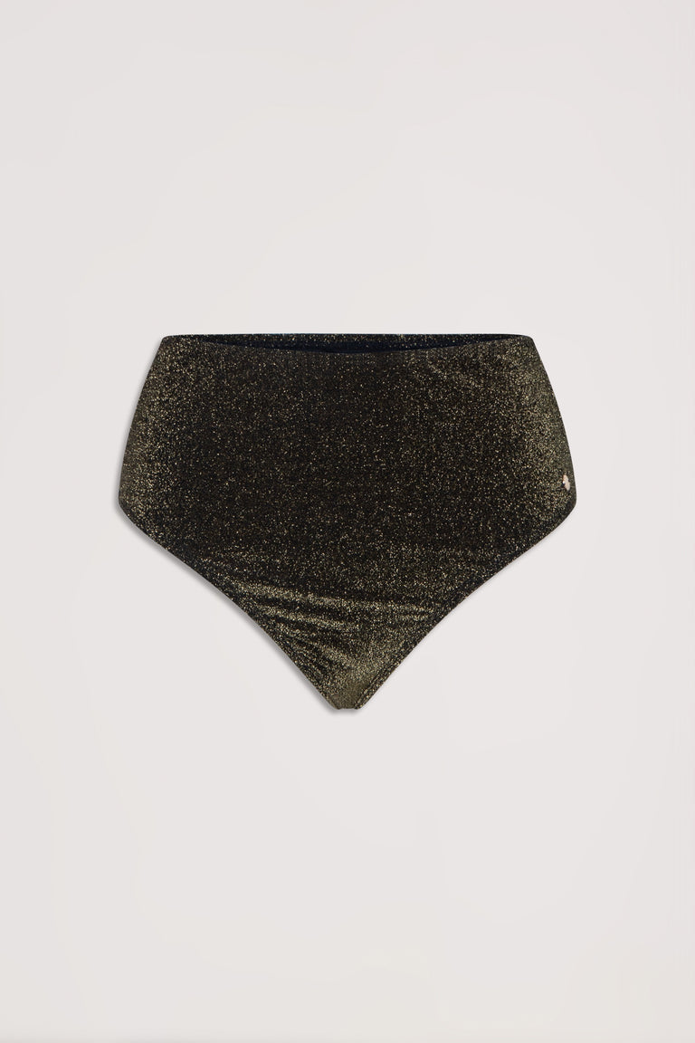 High-waisted bikini bottom with shimmering gathered fabric in a dark metallic tone, laid flat on plain background