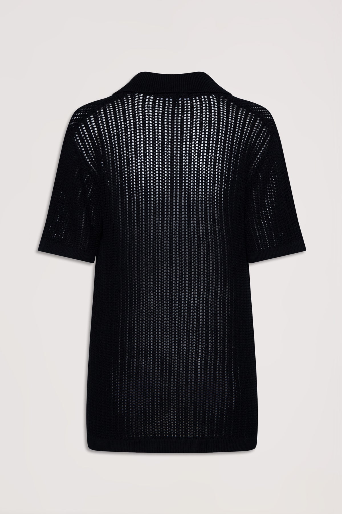 Black open-knit short-sleeve shirt with a textured pattern and relaxed fit, shown from the back on a neutral background