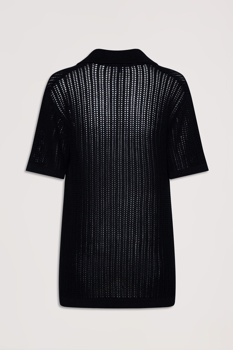 Black open-knit short-sleeve shirt with a textured pattern and relaxed fit, shown from the back on a neutral background